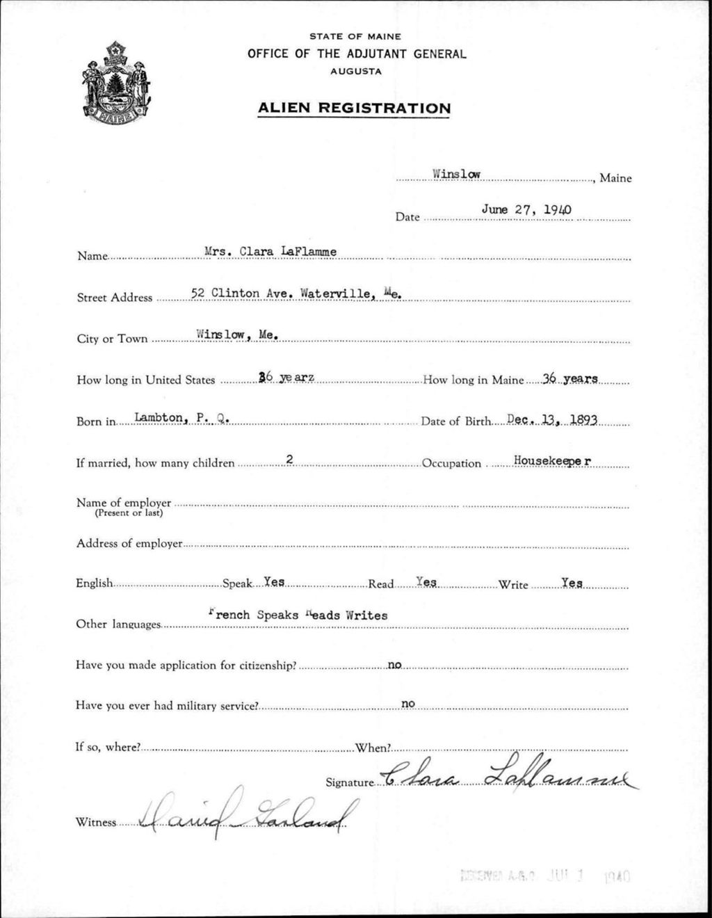 Miniature of Alien Registration- Laflamme, Clara (Winslow, Kennebec County)