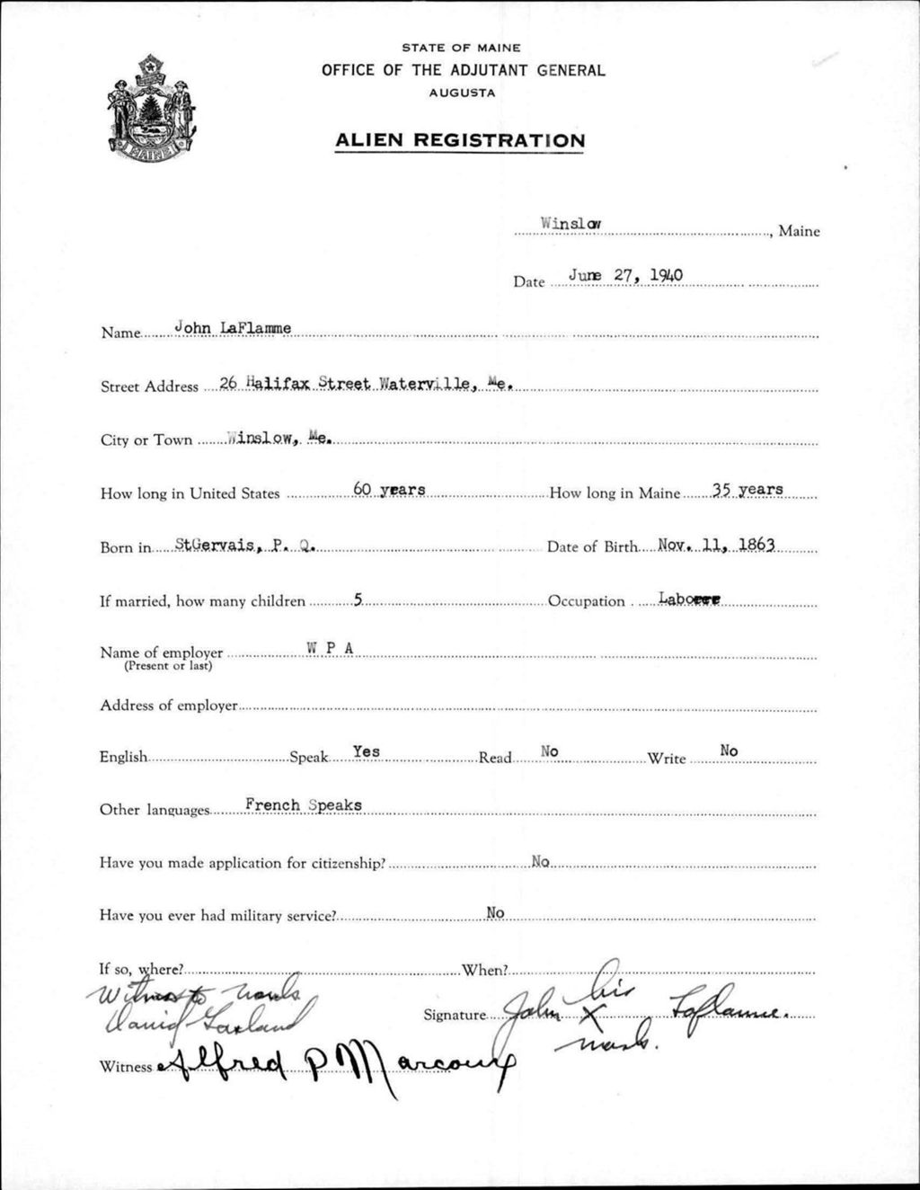 Miniature of Alien Registration- Laflamme, John (Winslow, Kennebec County)