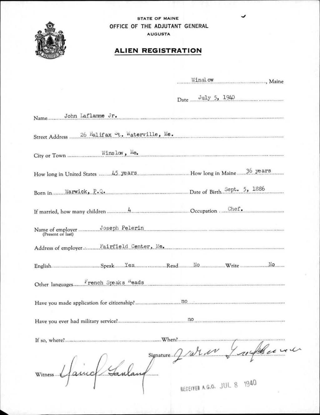 Miniature of Alien Registration- Laflamme, John, Jr. (Winslow, Kennebec County)
