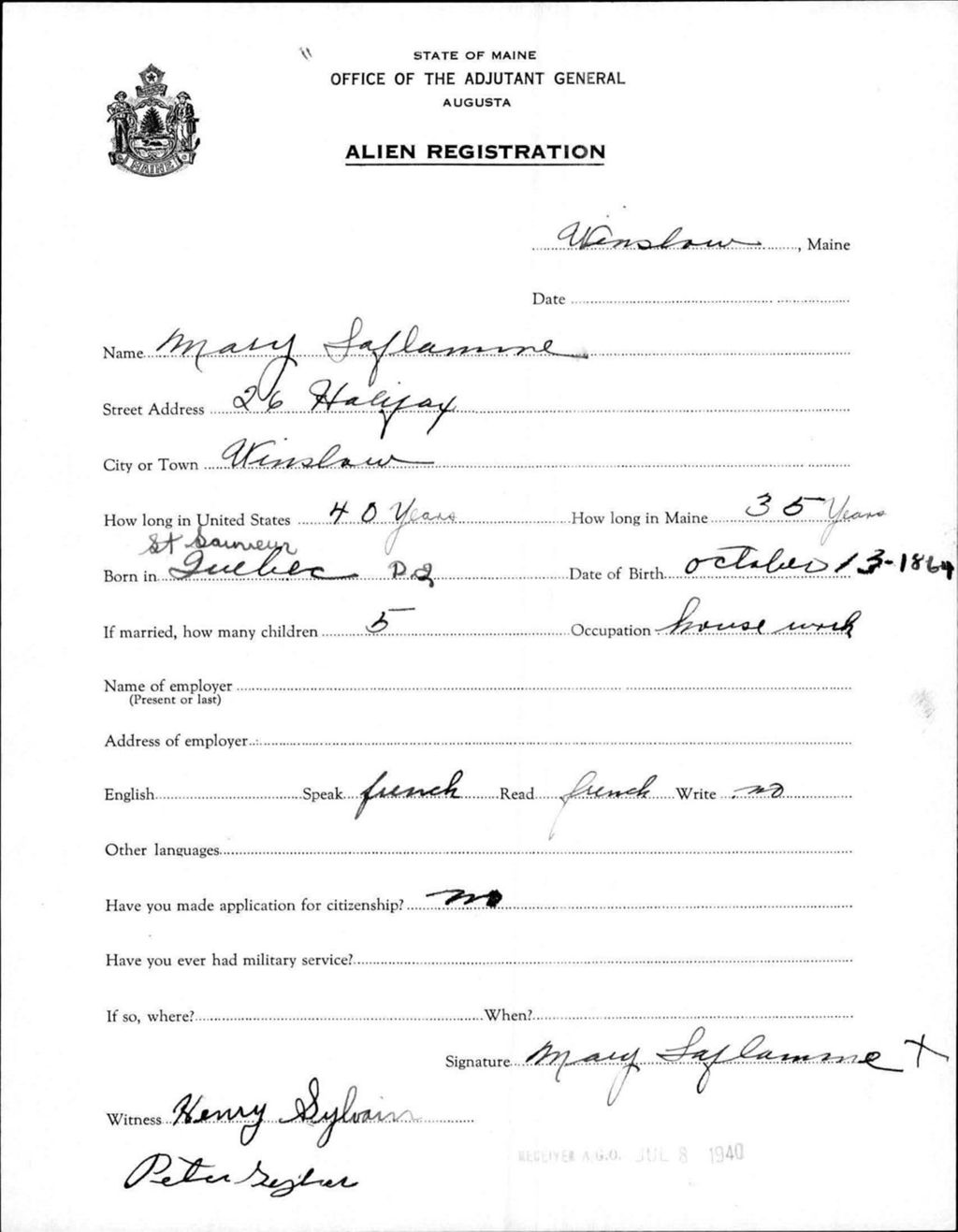 Miniature of Alien Registration- Laflamme, Mary (Winslow, Kennebec County)