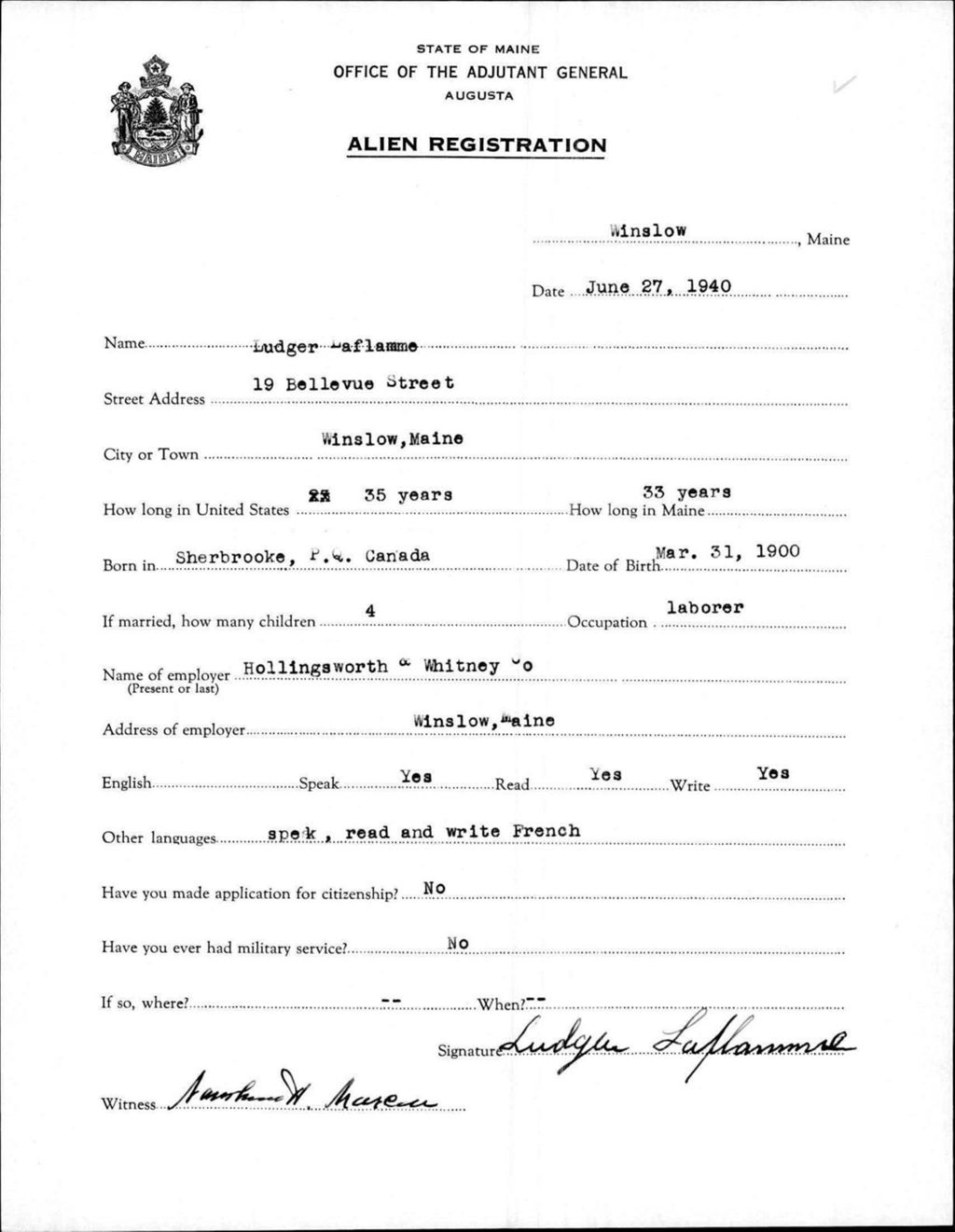 Miniature of Alien Registration- Laflamme, Ludger (Winslow, Kennebec County)