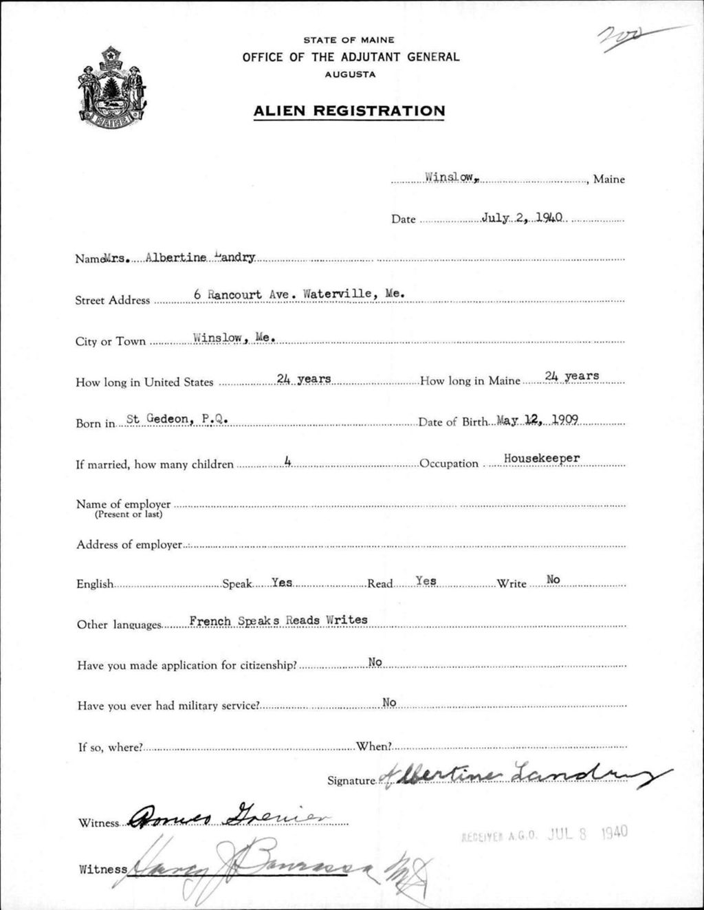 Miniature of Alien Registration- Landry, Albertine (Winslow, Kennebec County)