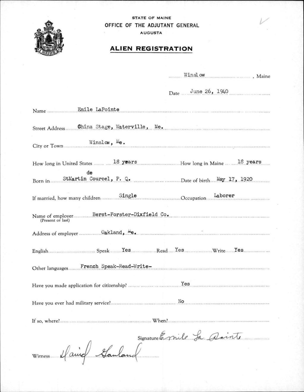 Miniature of Alien Registration- Lapointe, Emile (Winslow, Kennebec County)