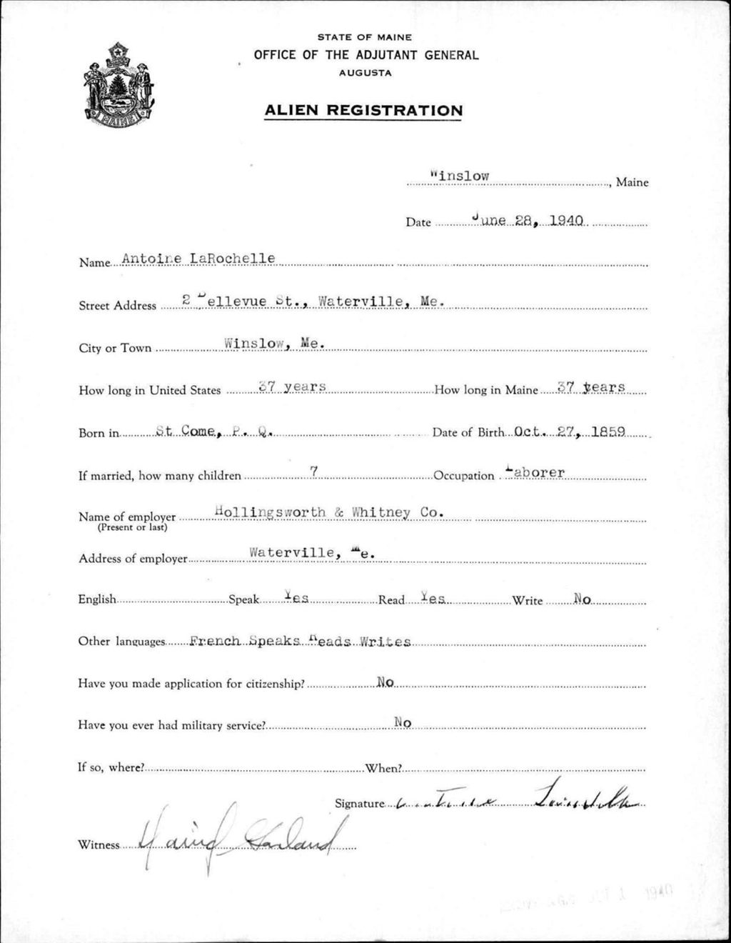 Miniature of Alien Registration- Larochelle, Antoine (Winslow, Kennebec County)