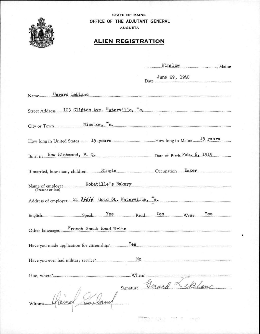 Miniature of Alien Registration- Leblanc, Gerard (Winslow, Kennebec County)