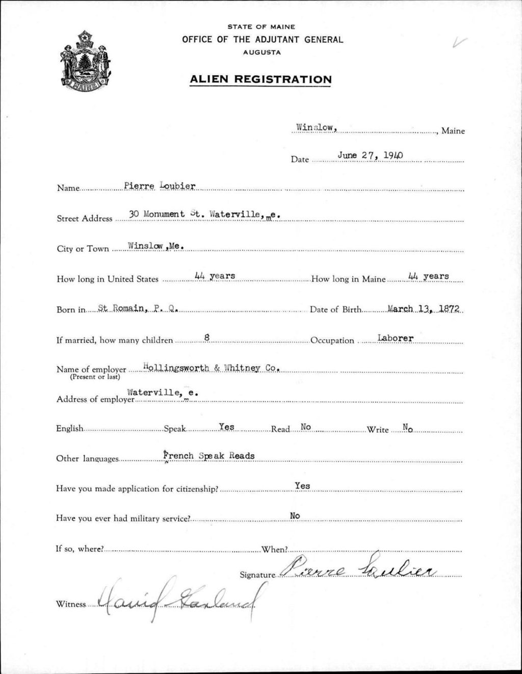 Miniature of Alien Registration- Loubier, Pierre (Winslow, Kennebec County)