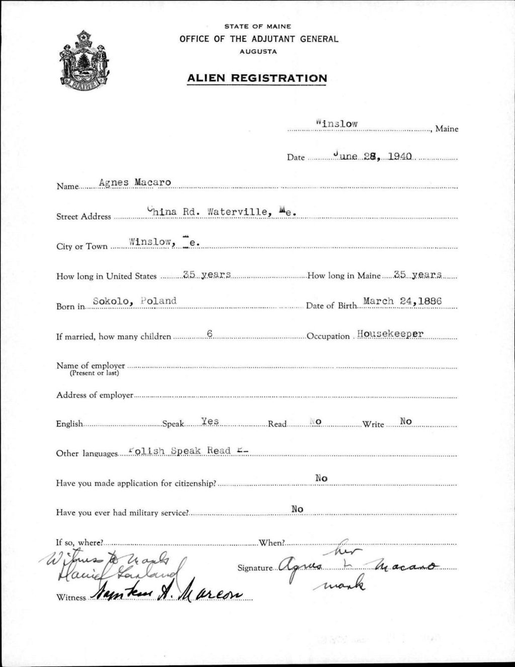 Miniature of Alien Registration- Macaro, Agnes (Winslow, Kennebec County)