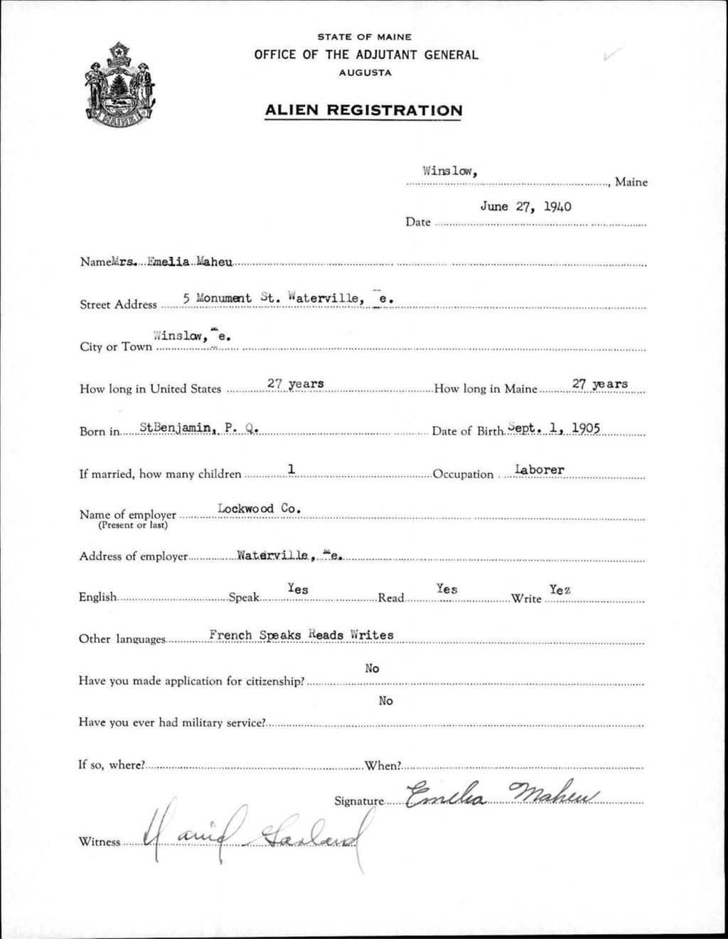 Miniature of Alien Registration- Maheu, Emelia (Winslow, Kennebec County)