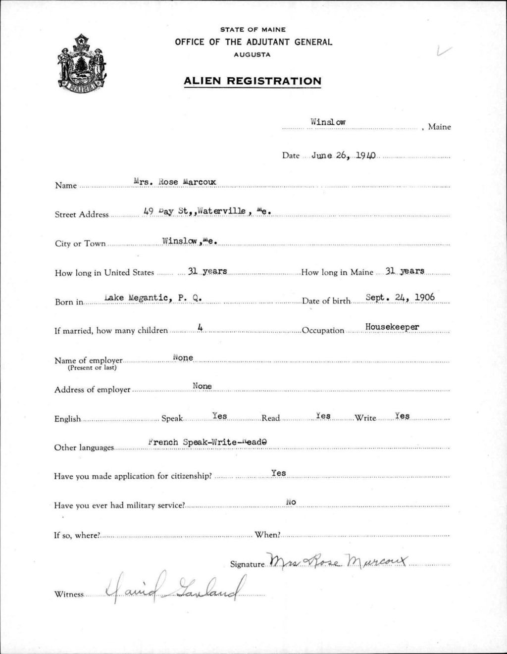 Miniature of Alien Registration- Marcoux, Rose (Winslow, Kennebec County)