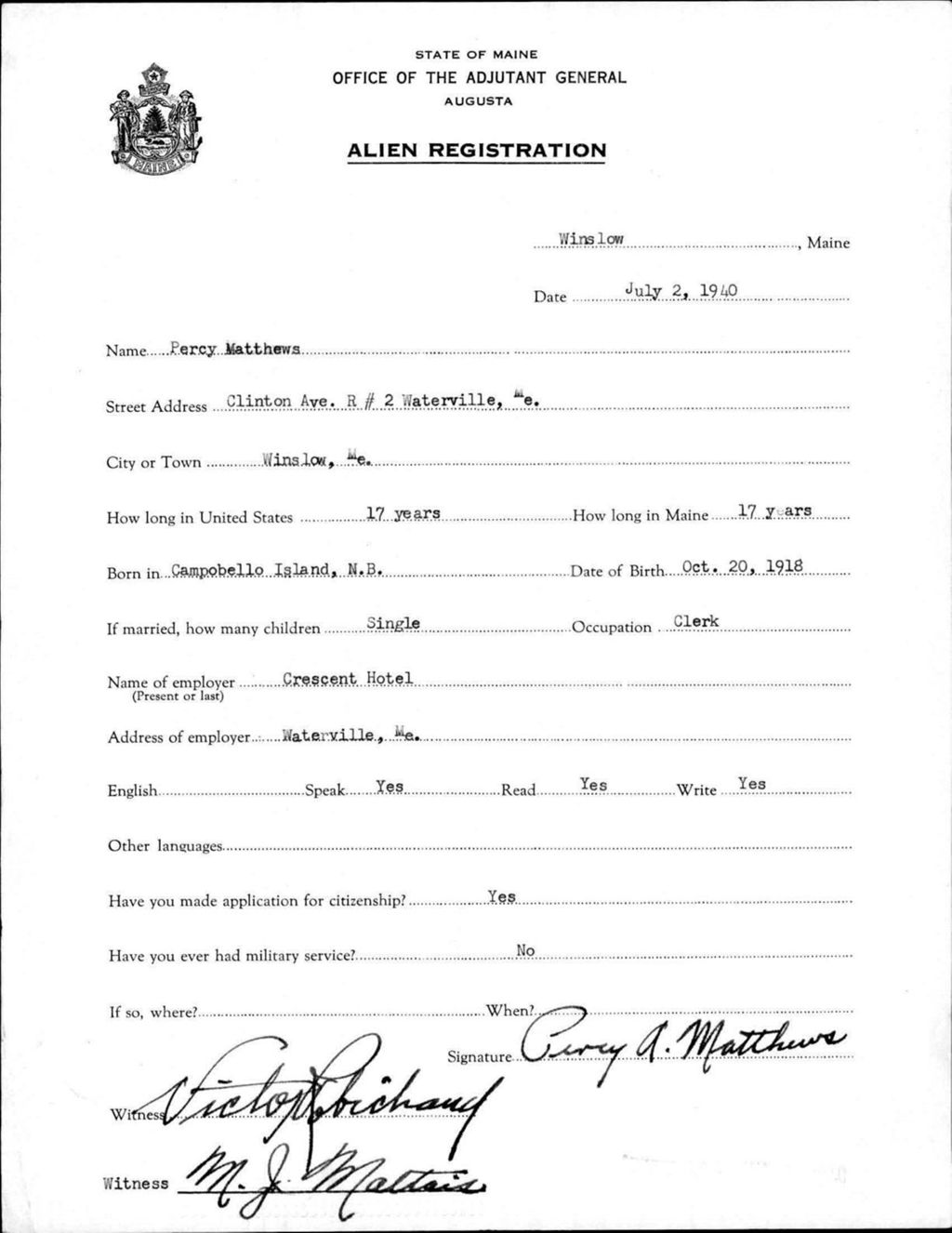 Miniature of Alien Registration- Matthews, Percy (Winslow, Kennebec County)