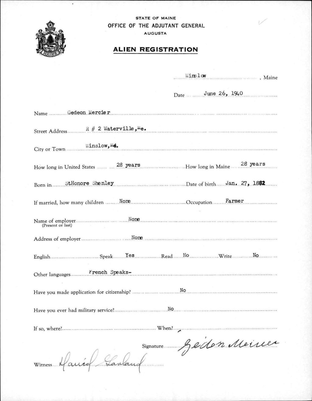 Miniature of Alien Registration- Mericer, Gedeon (Winslow, Kennebec County)