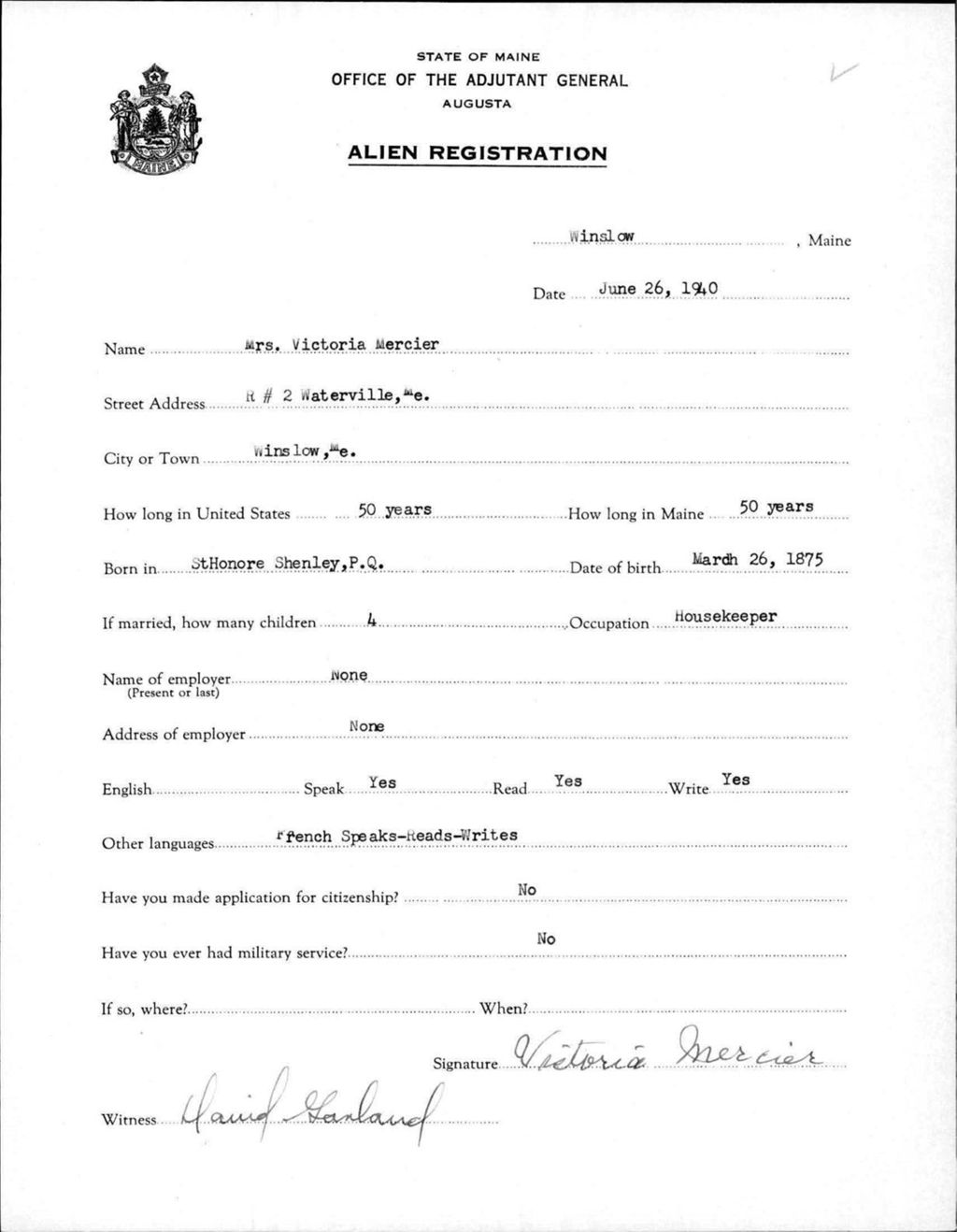 Miniature of Alien Registration- Mercier, Victoria (Winslow, Kennebec County)