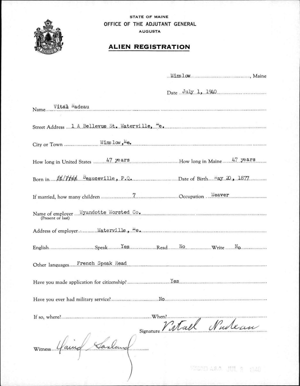 Miniature of Alien Registration- Nadeau, Vital (Winslow, Kennebec County)