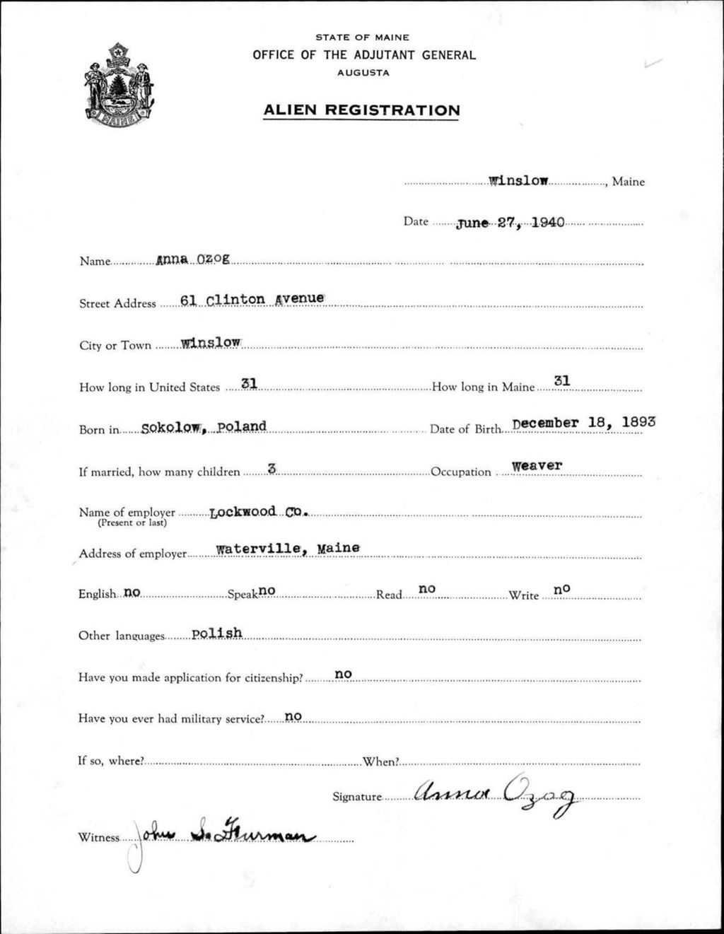 Miniature of Alien Registration- Ozog, Anna (Winslow, Kennebec County)