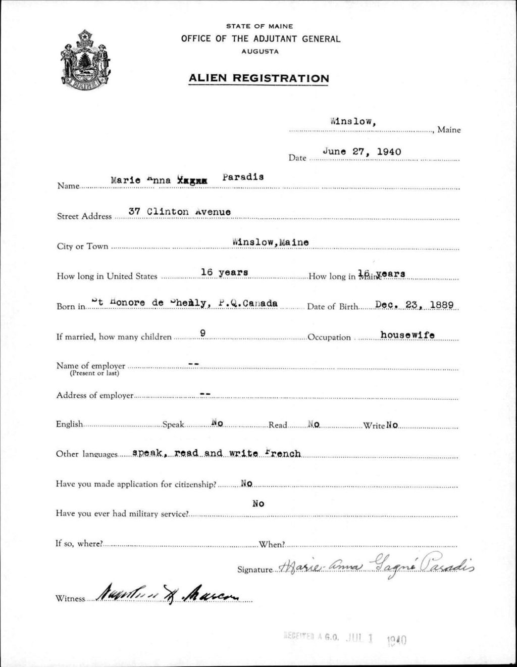 Miniature of Alien Registration- Paradis, Marie Anna (Winslow, Kennebec County)