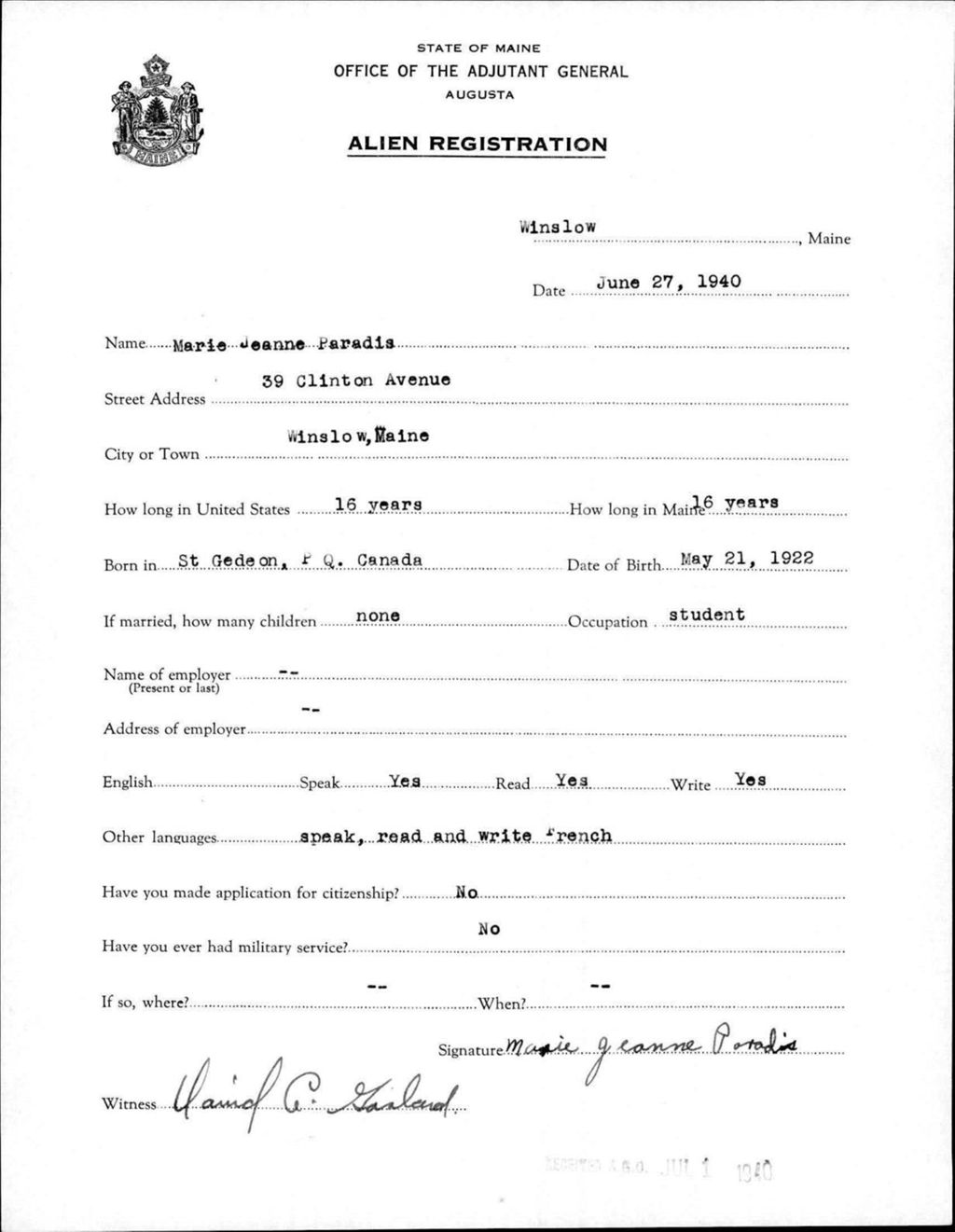 Miniature of Alien Registration- Paradis, Marie Jeanne (Winslow, Kennebec County)