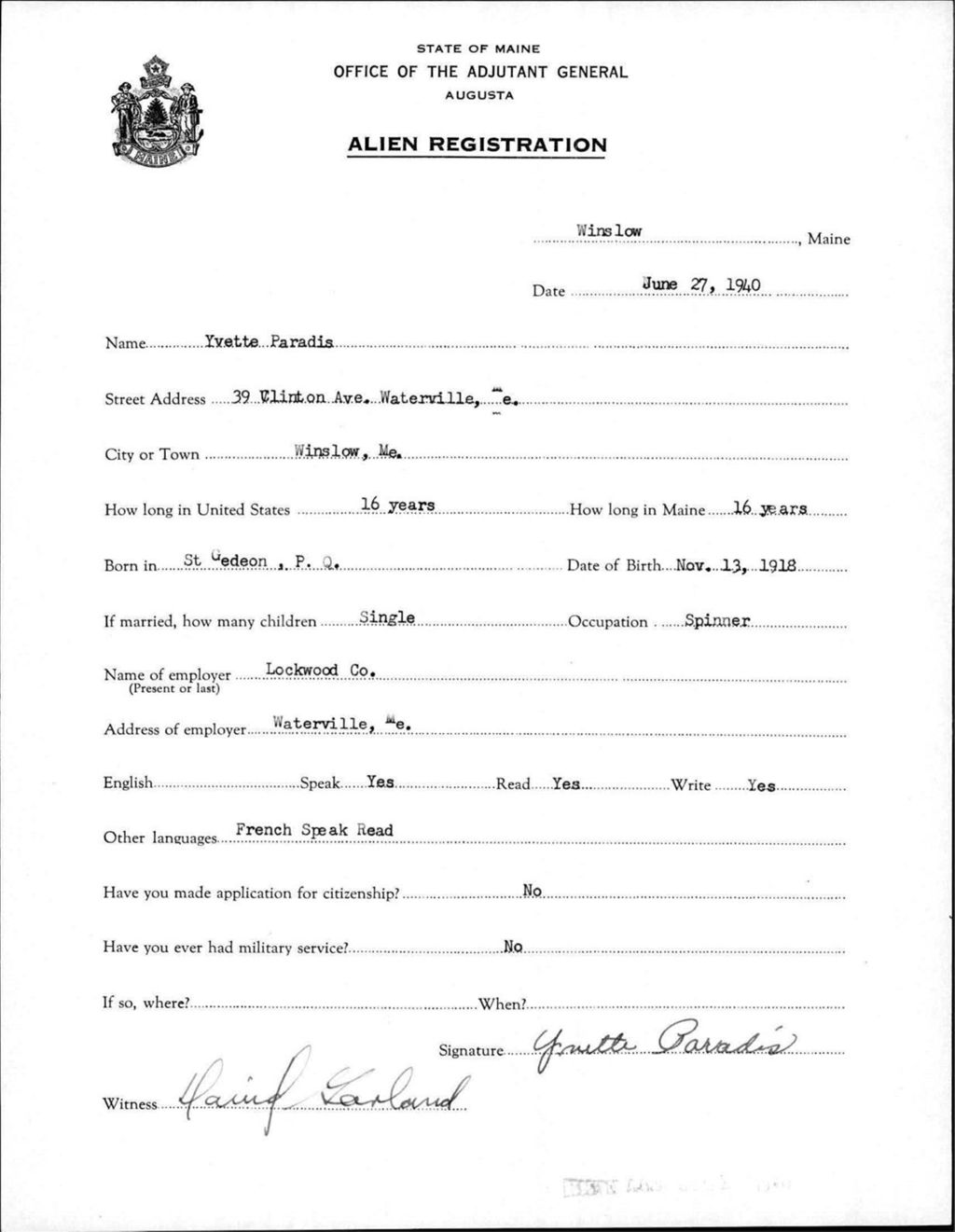 Miniature of Alien Registration- Paradis, Yvette (Winslow, Kennebec County)