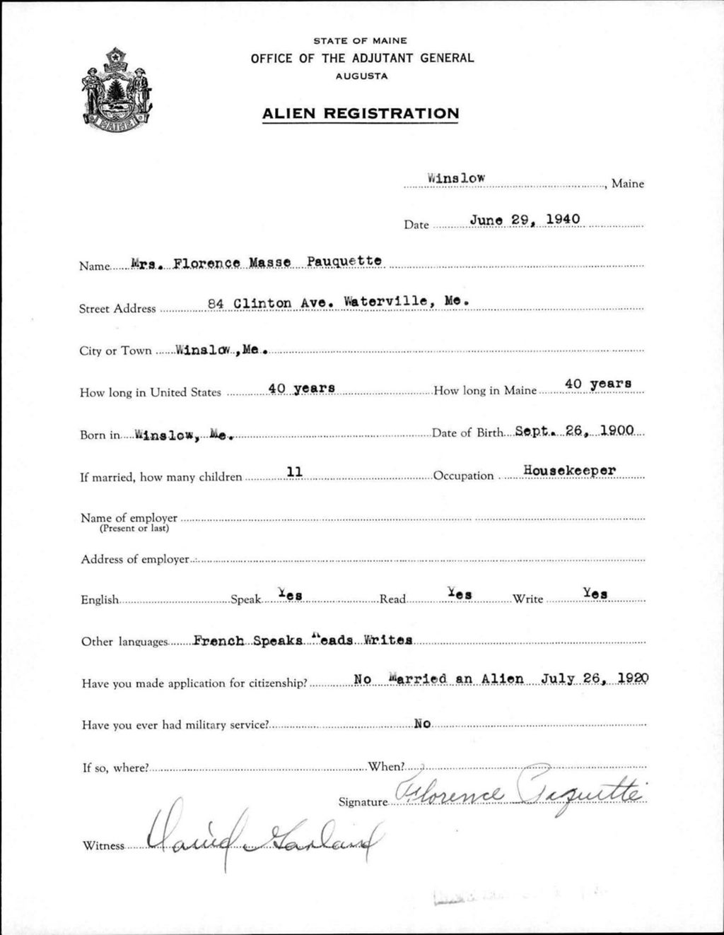 Miniature of Alien Registration- Masse, Florence (Winslow, Kennebec County)