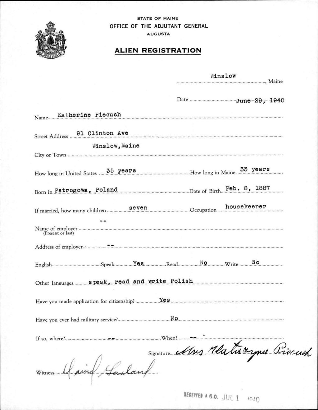 Miniature of Alien Registration- Piecuch, Katherine (Winslow, Kennebec County)