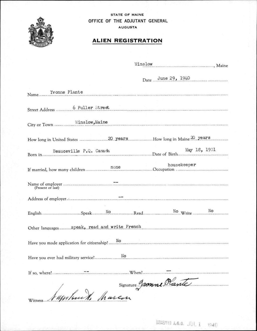Miniature of Alien Registration- Plante, Yvonne (Winslow, Kennebec County)