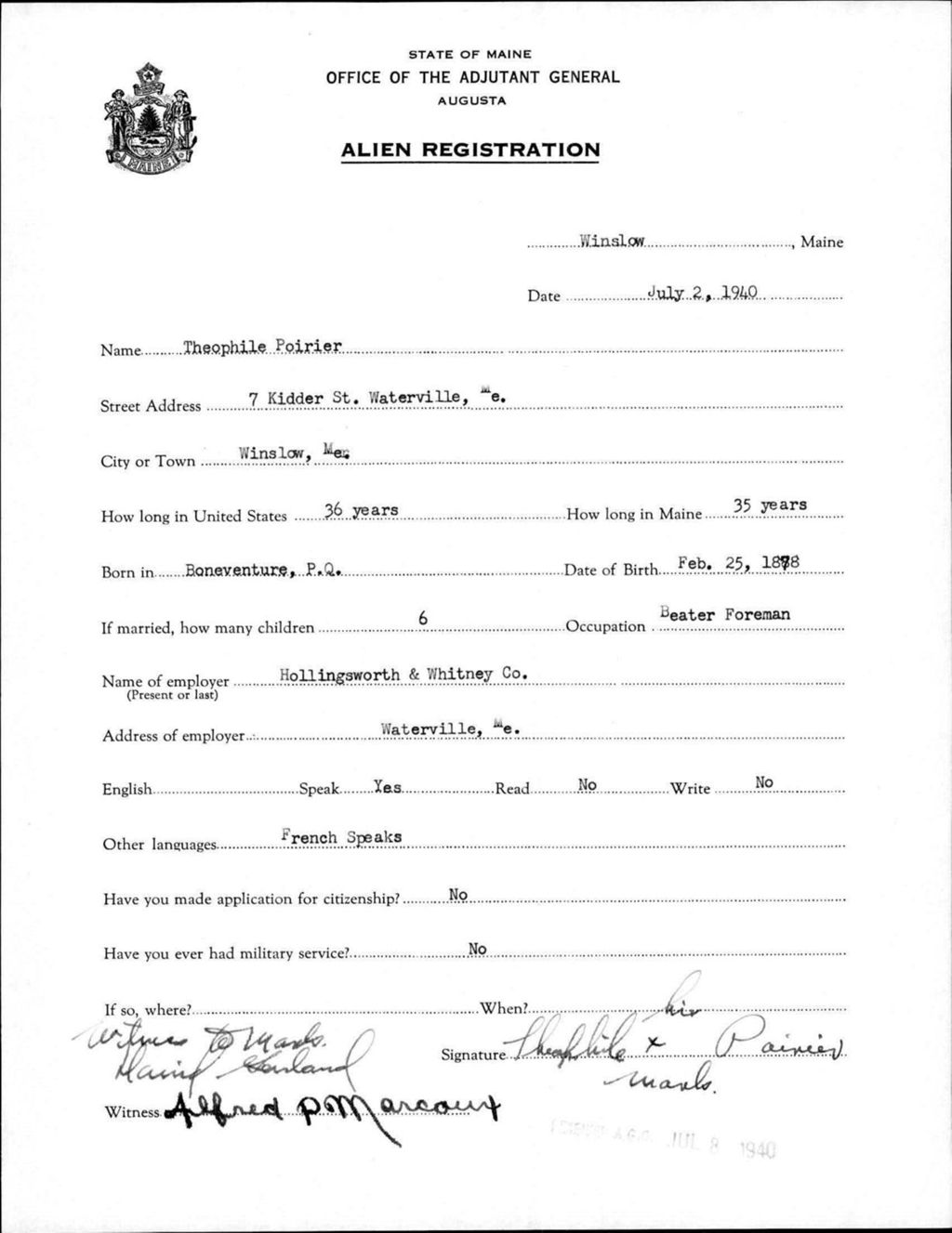 Miniature of Alien Registration- Poirier, Theophile (Winslow, Kennebec County)