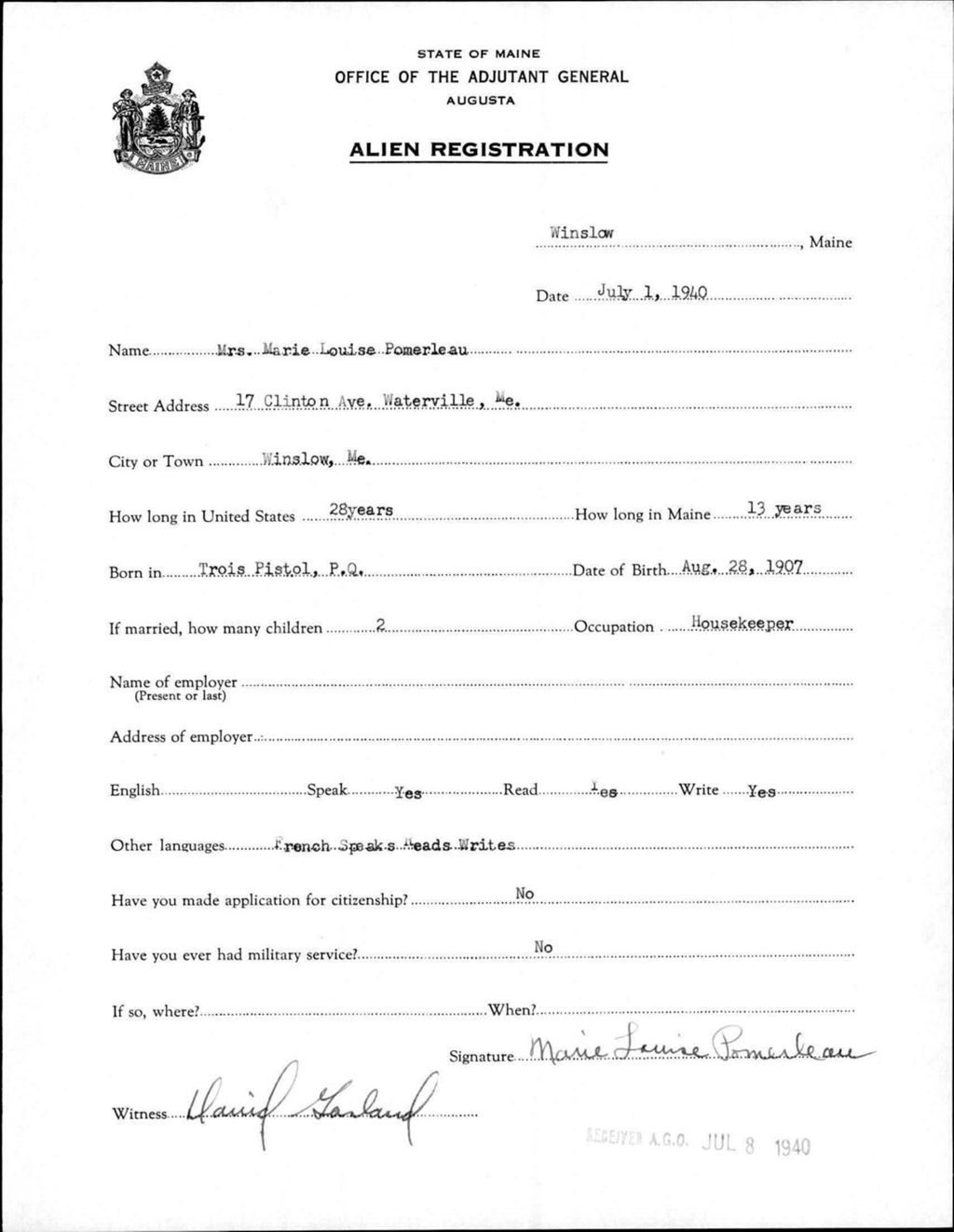 Miniature of Alien Registration- Pomerleau, Marie L. (Winslow, Kennebec County)
