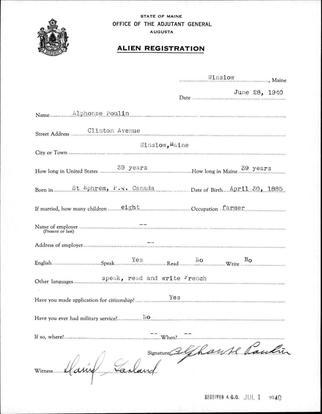 Miniature of Alien Registration- Poulin, Alphonse (Winslow, Kennebec County)