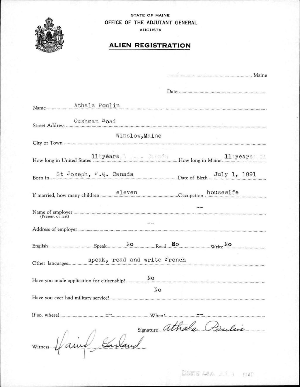 Miniature of Alien Registration- Poulin, Athala (Winslow, Kennebec County)