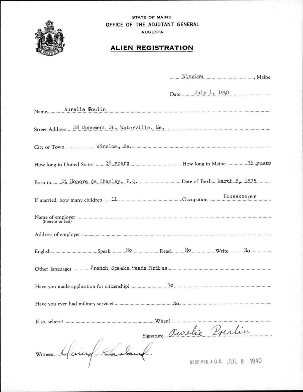 Miniature of Alien Registration- Poulin, Aurelie (Winslow, Kennebec County)