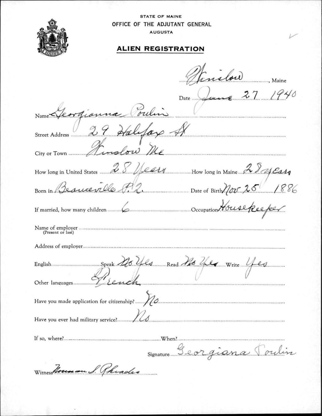 Miniature of Alien Registration- Poulin, Georgianna (Winslow, Kennebec County)