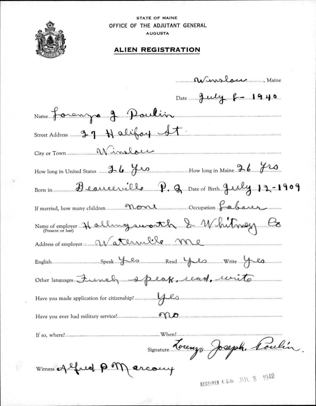 Miniature of Alien Registration- Poulin, Lorenzo G. (Winslow, Kennebec County)