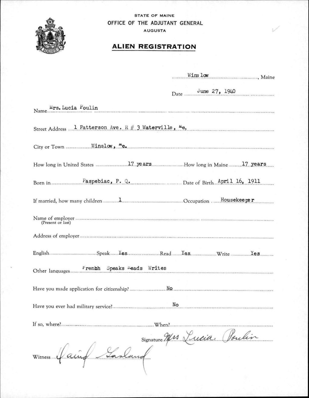Miniature of Alien Registration- Poulin, Lucia (Winslow, Kennebec County)