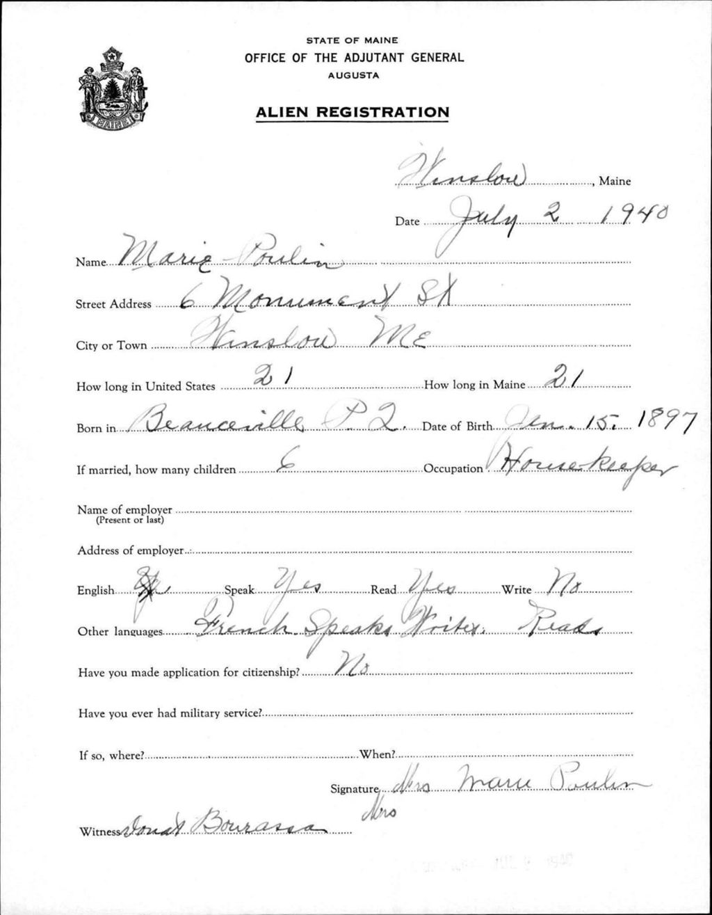 Miniature of Alien Registration- Poulin, Marie (Winslow, Kennebec County)