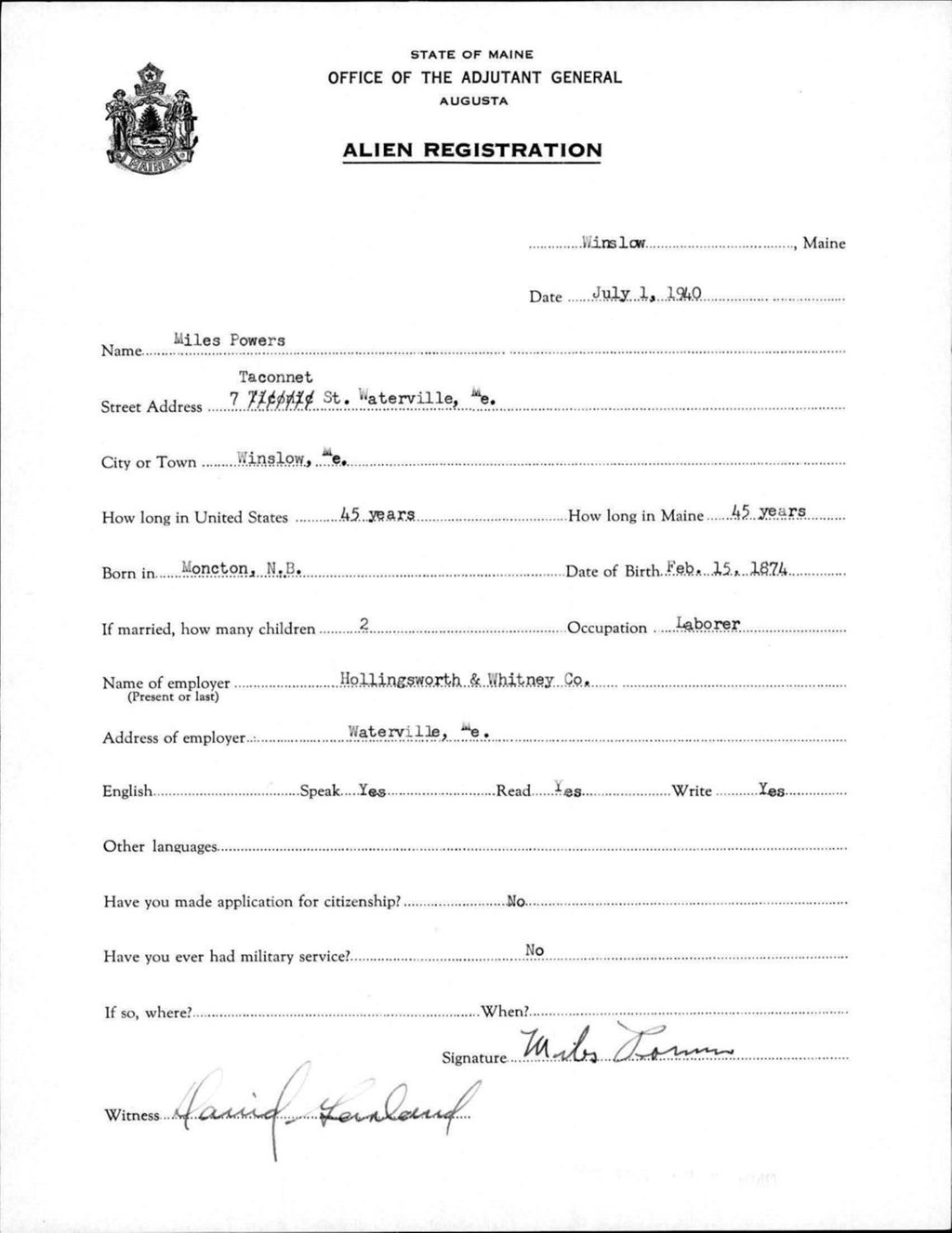 Miniature of Alien Registration- Powers, Miles (Winslow, Kennebec County)
