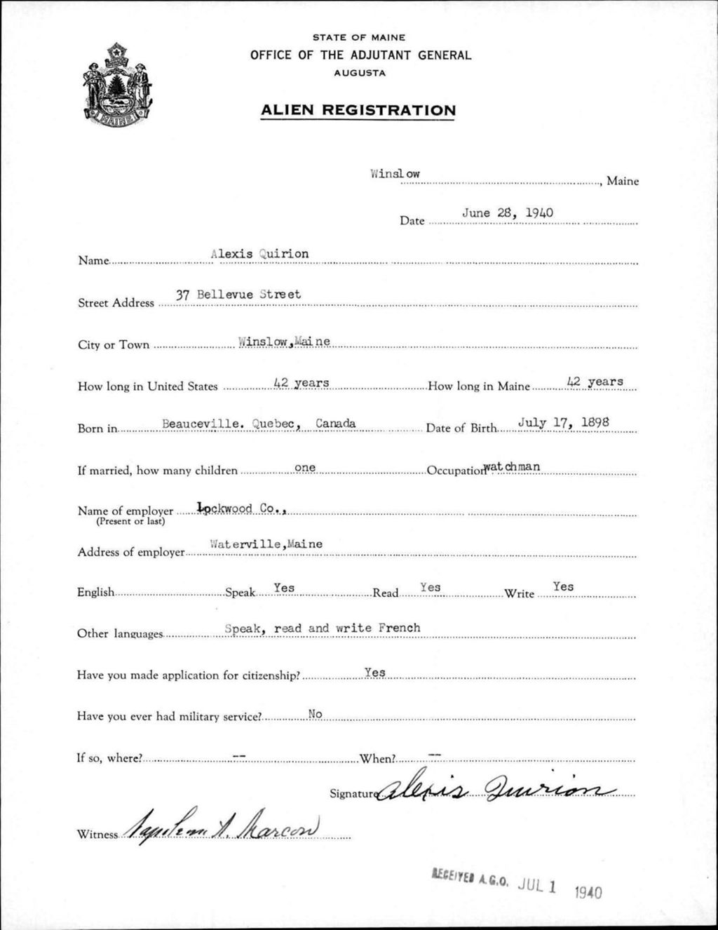Miniature of Alien Registration- Quirion, Alexis (Winslow, Kennebec County)