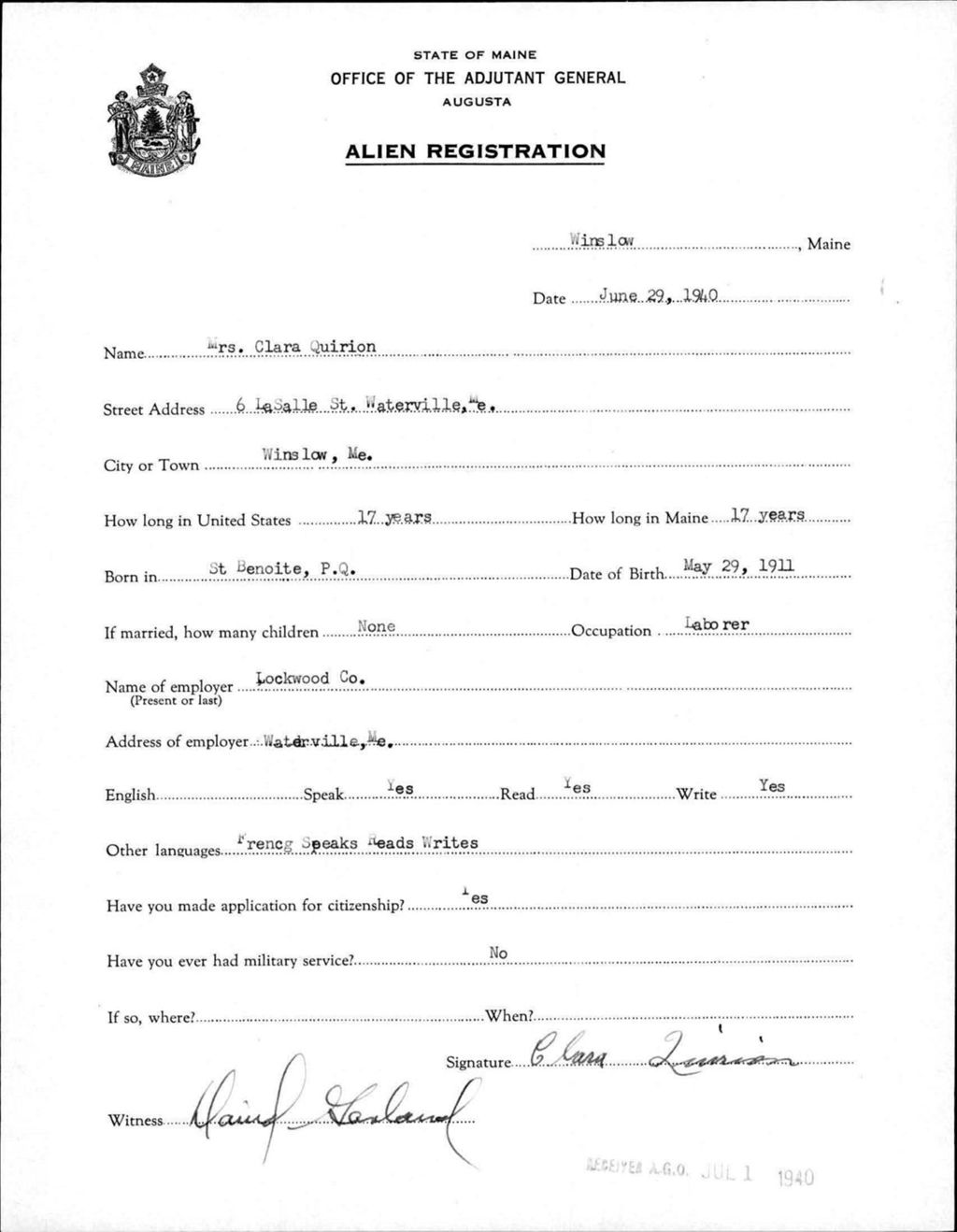 Miniature of Alien Registration- Quirion, Clara (Winslow, Kennebec County)