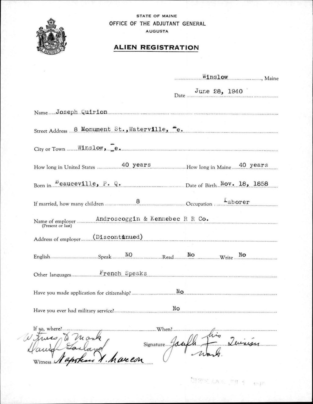 Miniature of Alien Registration- Quirion, Joseph (Winslow, Kennebec County)