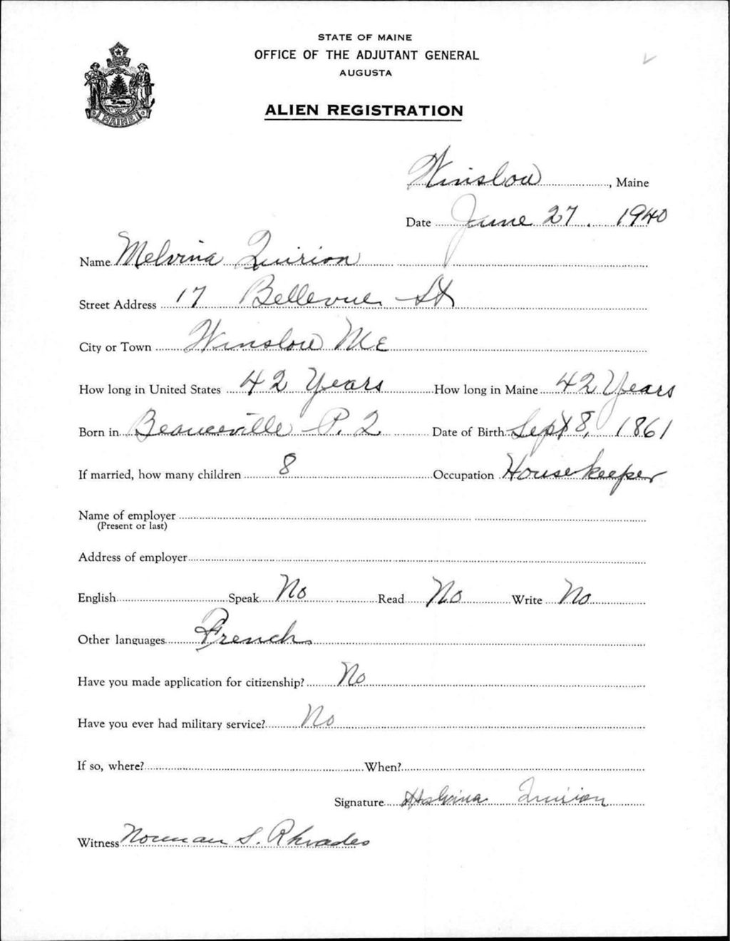 Miniature of Alien Registration- Quirion, Melvina (Winslow, Kennebec County)