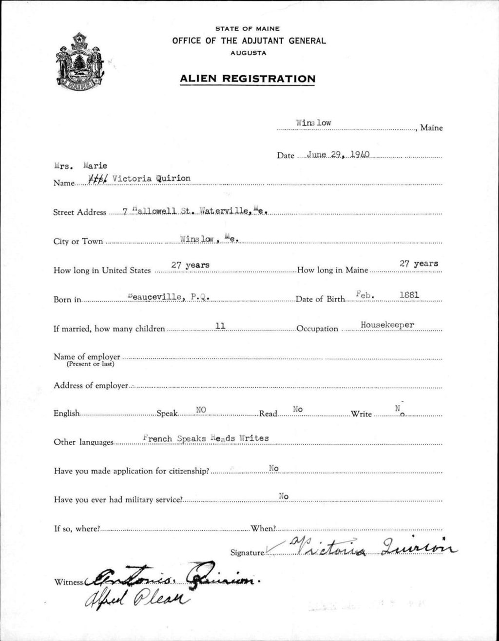 Miniature of Alien Registration- Quirion, Marie V. (Winslow, Kennebec County)