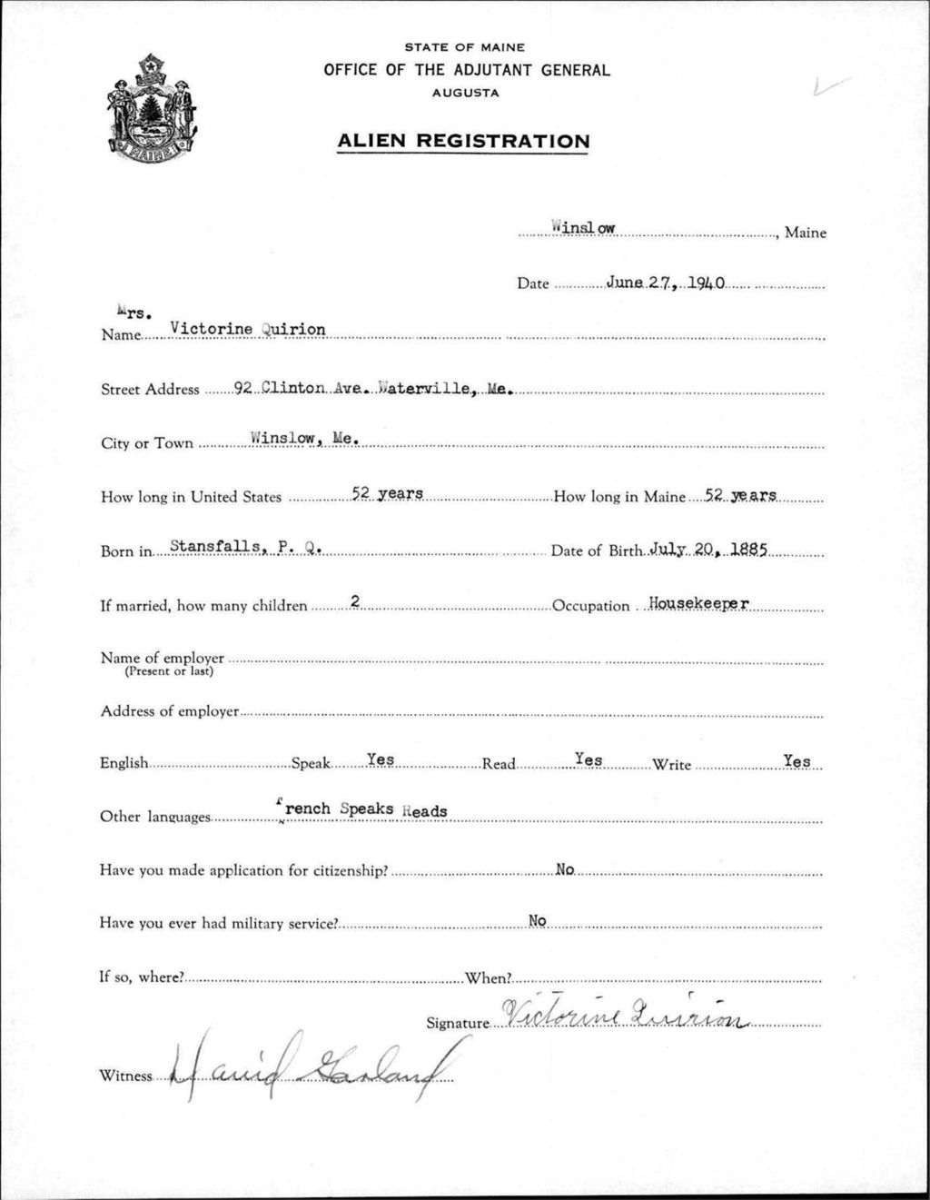 Miniature of Alien Registration- Quirion, Victorine (Winslow, Kennebec County)