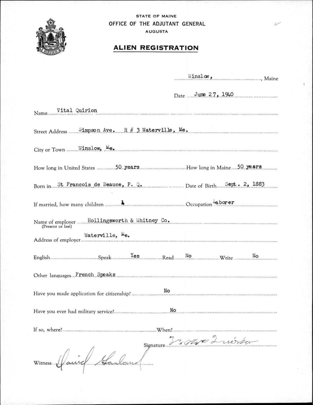 Miniature of Alien Registration- Quirion, Vital (Winslow, Kennebec County)