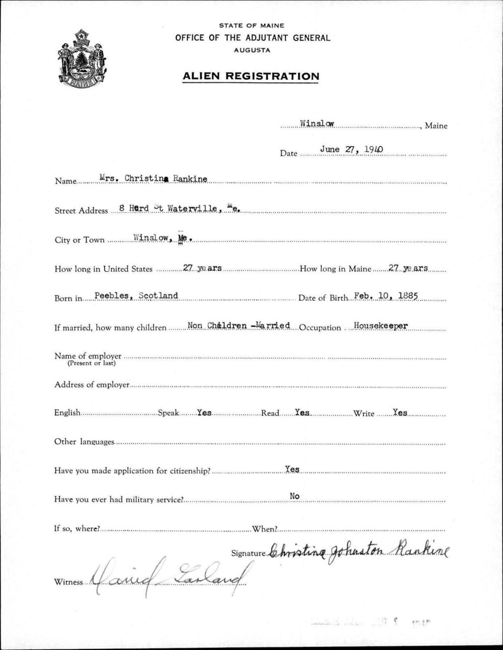 Miniature of Alien Registration- Rankine, Christina (Winslow, Kennebec County)