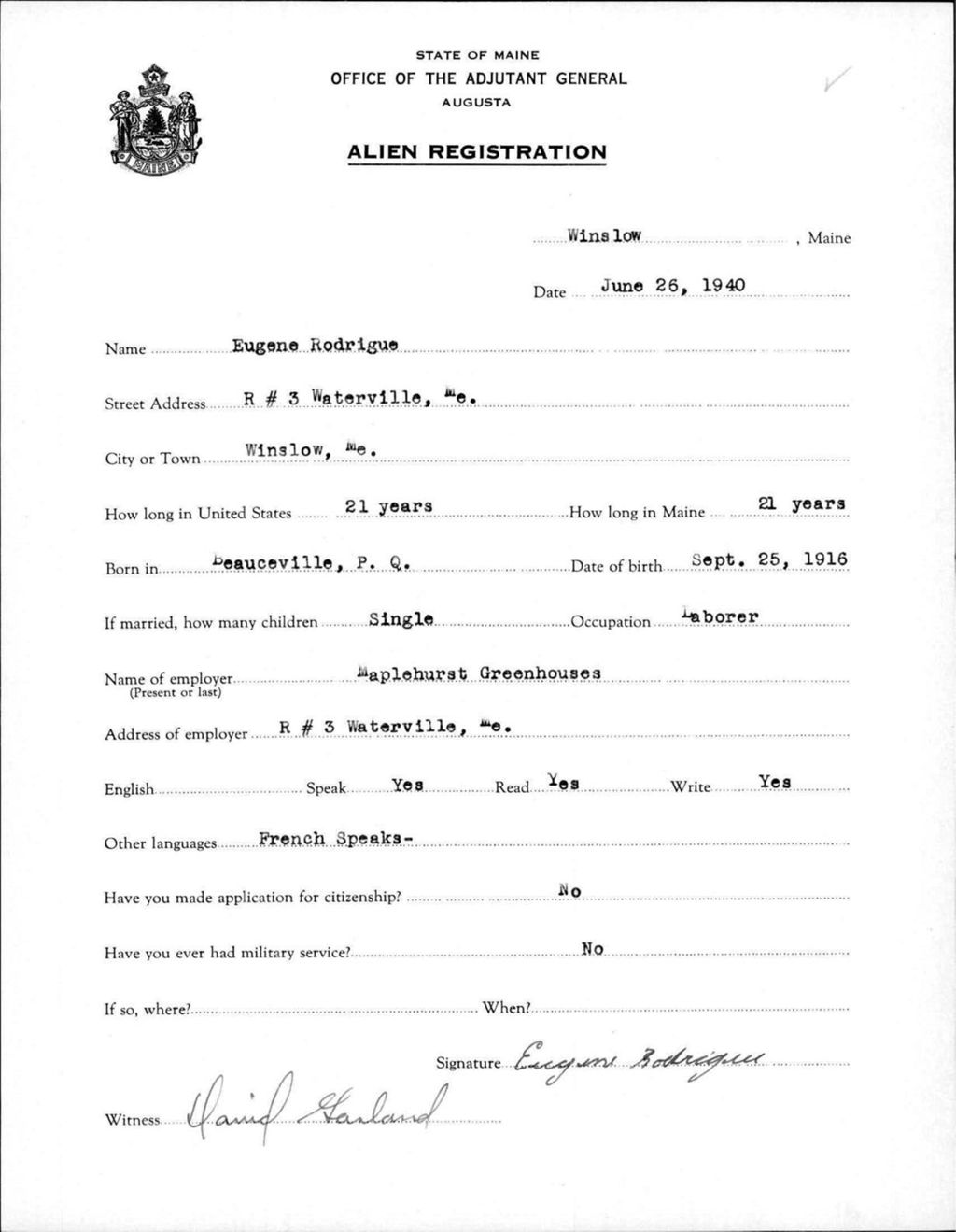 Miniature of Alien Registration- Rodrigue, Eugene (Winslow, Kennebec County)