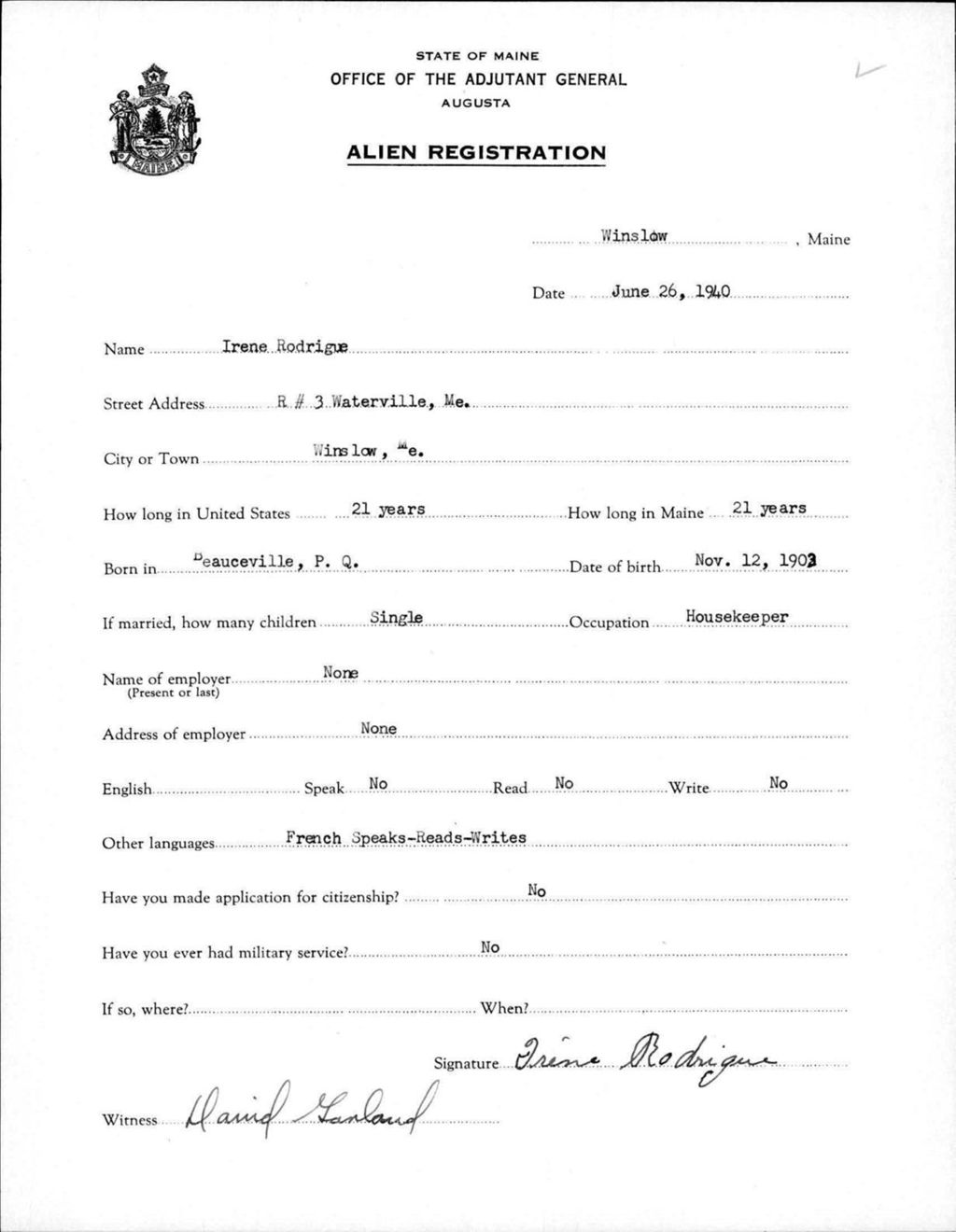 Miniature of Alien Registration- Rodrigue, Irene (Winslow, Kennebec County)