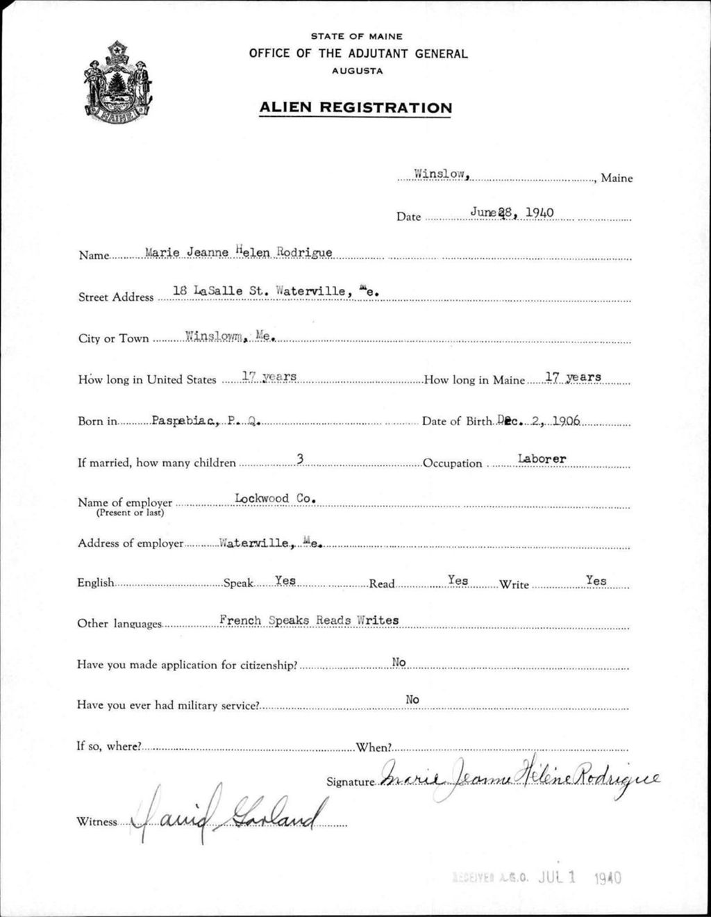 Miniature of Alien Registration- Rodrigue, Marie Jeanne H. (Winslow, Kennebec County)