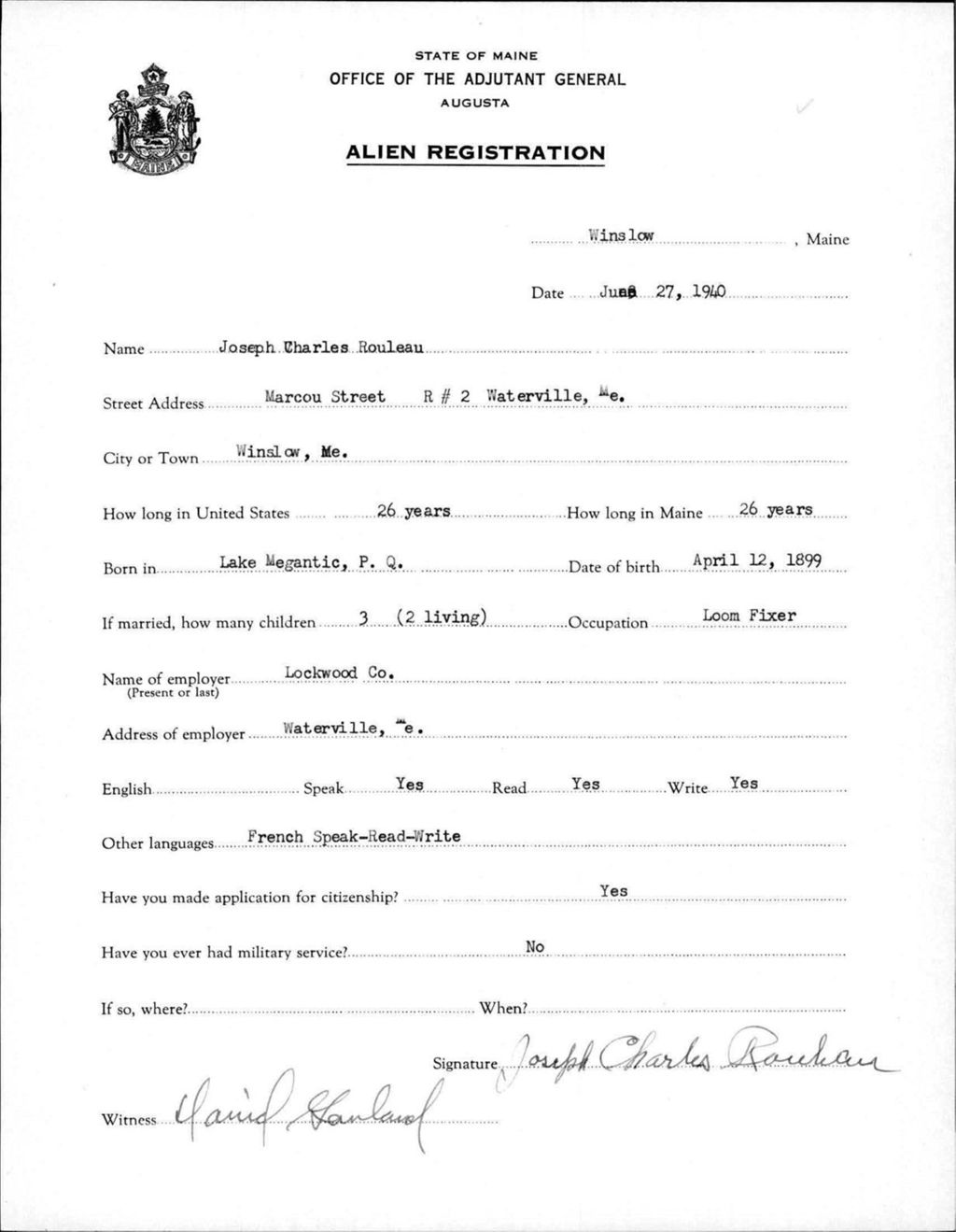 Miniature of Alien Registration- Rouleau, Joseph C. (Winslow, Kennebec County)