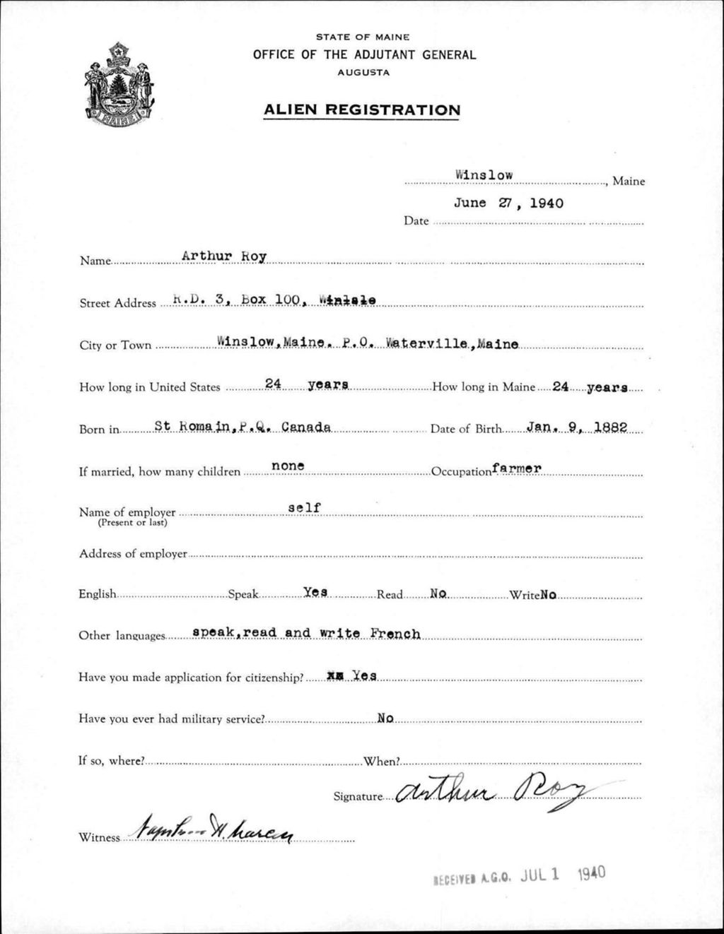 Miniature of Alien Registration- Roy, Arthur (Winslow, Kennebec County)