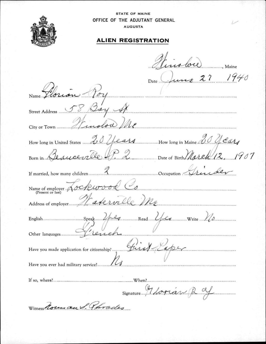 Miniature of Alien Registration- Roy, Florian (Winslow, Kennebec County)