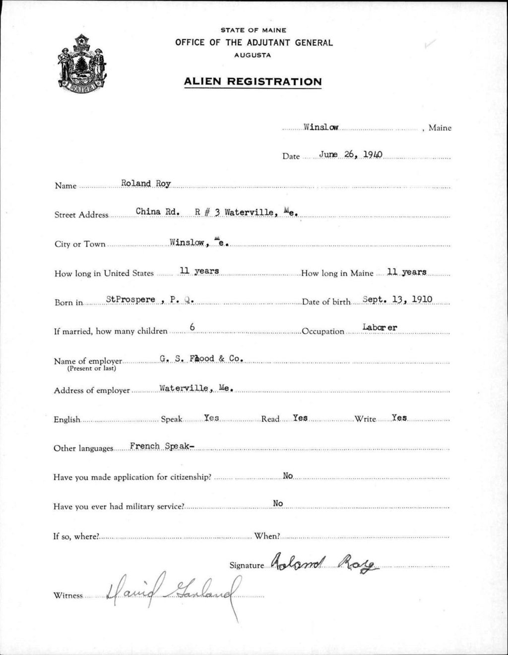 Miniature of Alien Registration- Roy, Roland (Winslow, Kennebec County)