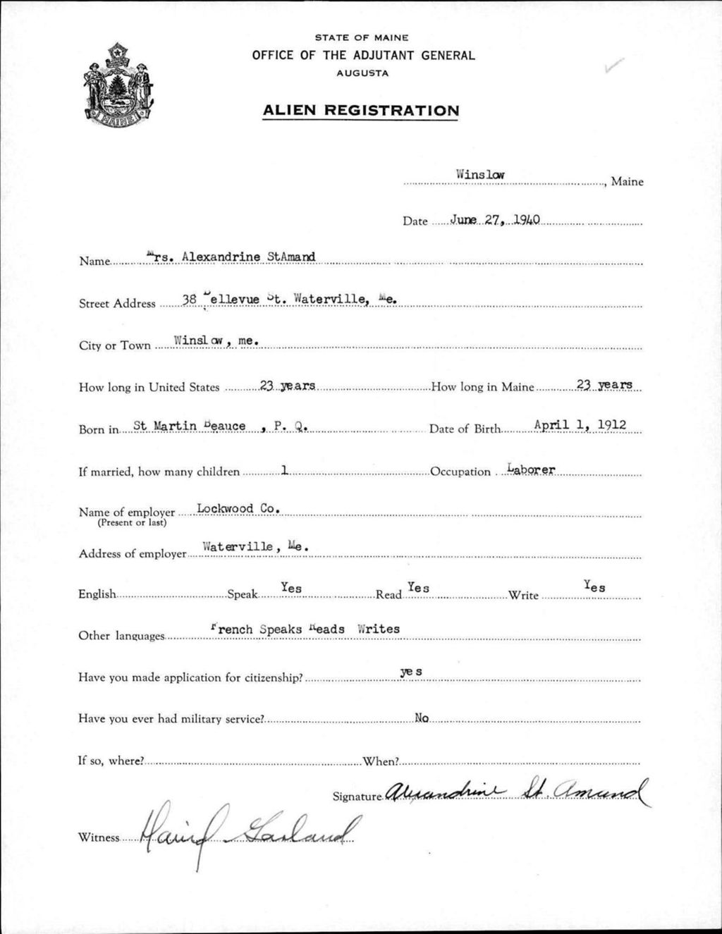 Miniature of Alien Registration- St Amand, Alexandrine (Winslow, Kennebec County)